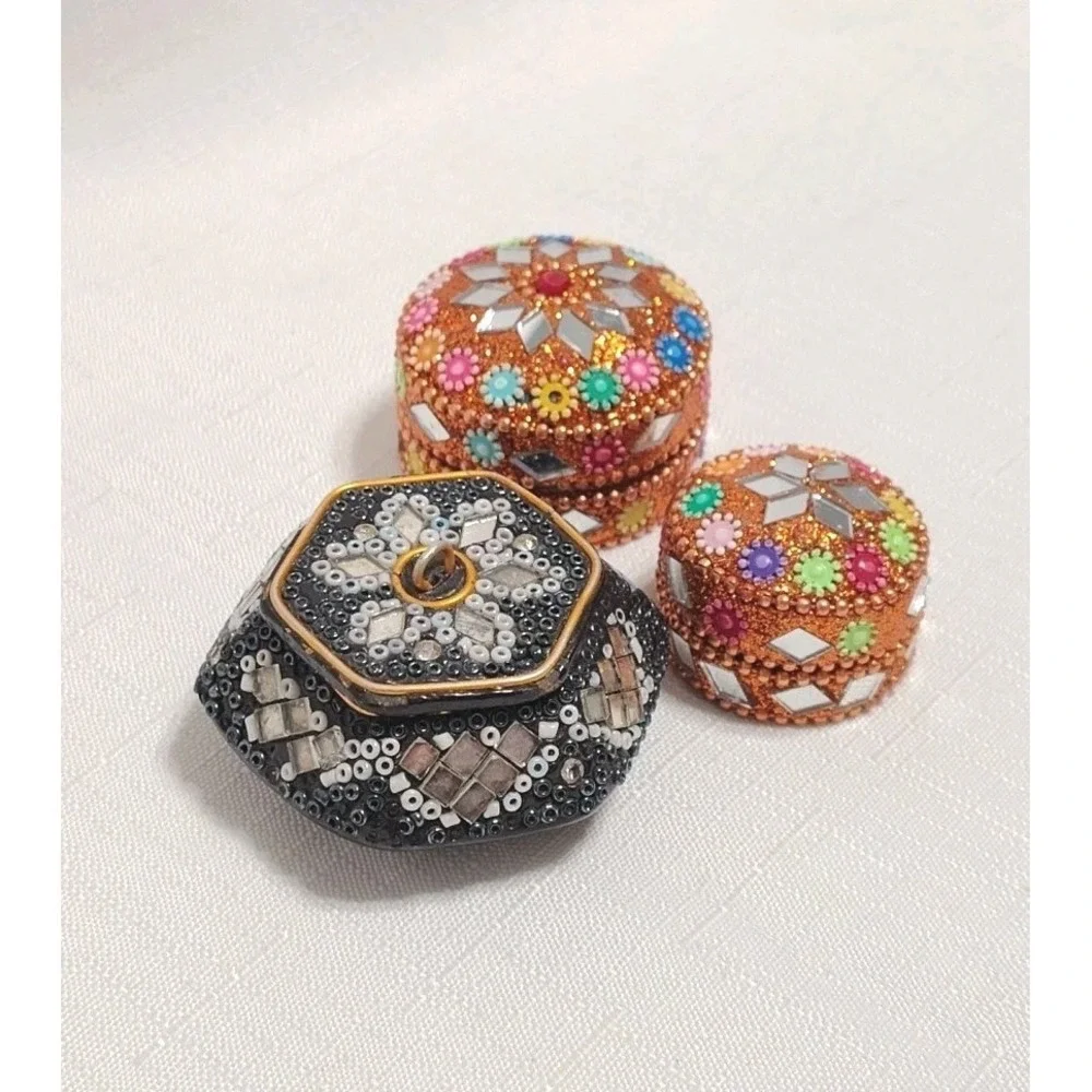 Hand Made Mosaic Beaded Bejeweled Tin And Wood Jewelry Trinket Boxes Lot Of 3